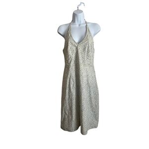 VTG Y2K Babydoll Micro Floral Halter Midi Dress Cream Blue Cotton 10 Cottage